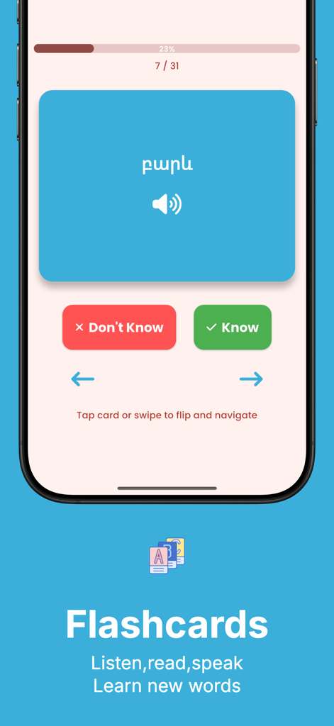 Interfaz de la aplicación de aprendizaje de idiomas armenio mostrando tarjetas de vocabulario armenio con audio y botones de seguimiento de conocimiento