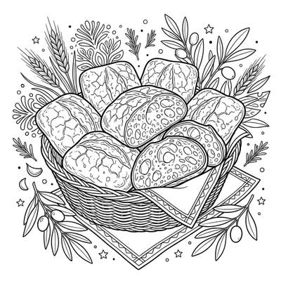 Unleash your creativity with this detailed coloring page featuring a basket overflowing with rustic Italian ciabatta rolls. Designed for teens, this intricate design offers a satisfying challenge for food art lovers.