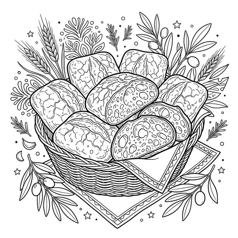 Unleash your creativity with this detailed coloring page featuring a basket overflowing with rustic Italian ciabatta rolls. Designed for teens, this intricate design offers a satisfying challenge for food art lovers.