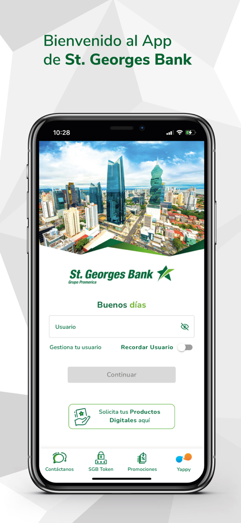 Login screen of the SGB Movil banking app featuring a Panama City skyline and quick access to Yappy and SGB Token