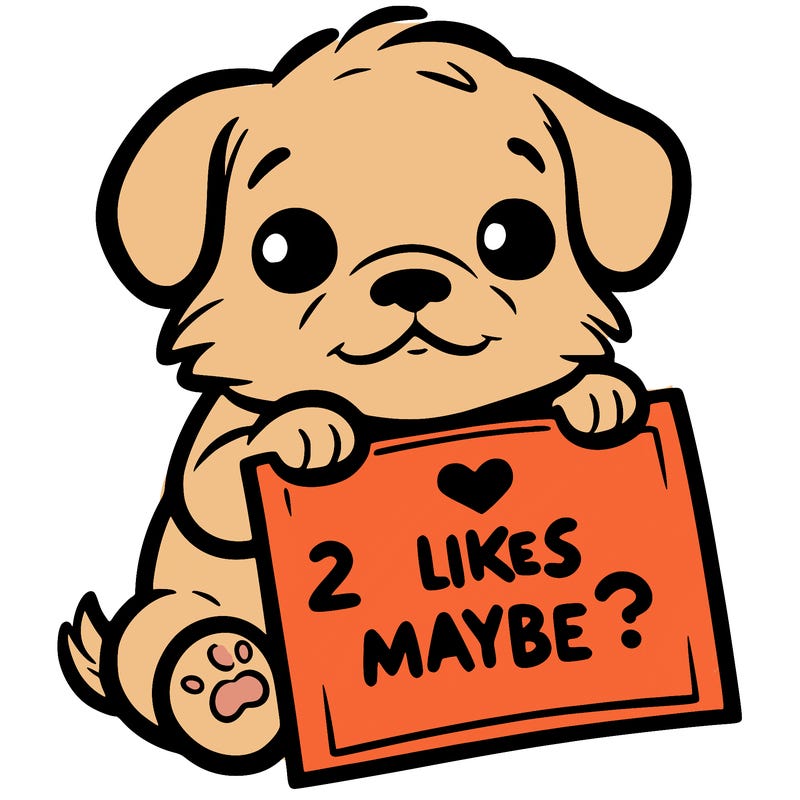 a puppy holding a sign that says 2 likes maybe?
