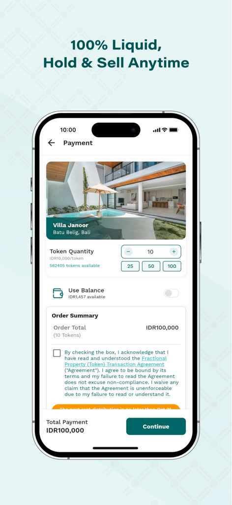 GORO mobile app payment screen for buying fractional real estate tokens in a Bali villa