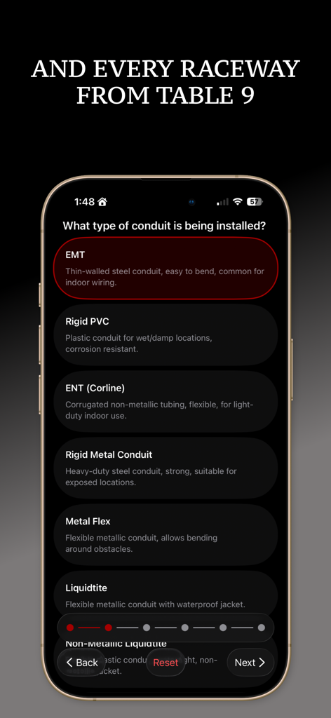 Pipe Fill Calculator app screen showing electrical conduit types selection