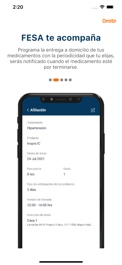Farmacias Especializadas - Interfaz de la aplicación móvil que muestra detalles del tratamiento para hipertensión y programación de entrega de medicamentos