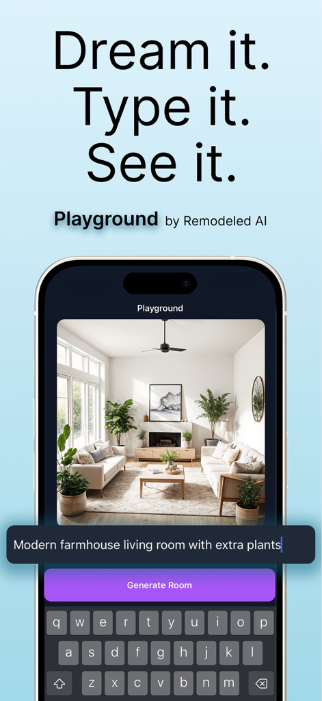 Remodeled AI app playground mode showing a modern farmhouse living room generated from a text prompt.