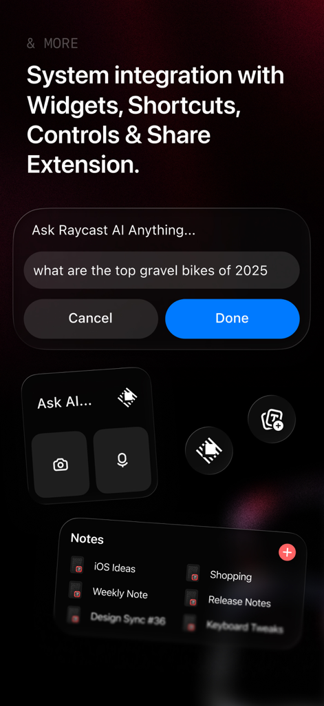 Raycast: AI, Notes and more - Raycast app for iOS displaying system integration features including an AI chat prompt and home screen widgets for notes and voice commands