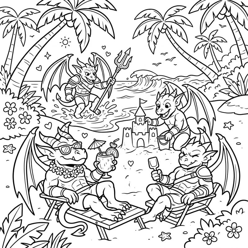 Unleash your creativity with this delightful coloring page featuring warrior gargoyles enjoying a sunny summer beach day. From building sandcastles to splashing in the waves, there's endless fun to color.