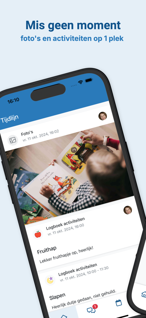 Kidsadmin Ouderapp - Kidsadmin保護者アプリのインターフェース。子供の写真と、食事や昼寝時間などの毎日の活動のタイムラインが表示されています。