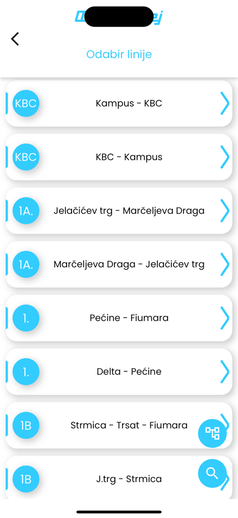 SIP Autotrolej - Bildschirm zur Auswahl der Buslinien der mobilen App SIP Autotrolej mit Routen in Rijeka