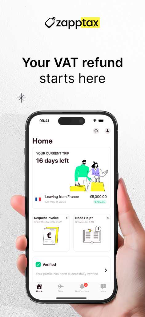 Zapptax — Shop Tax Free - Zapptax mobile app home screen showing trip status and estimated VAT refund for shopping in France