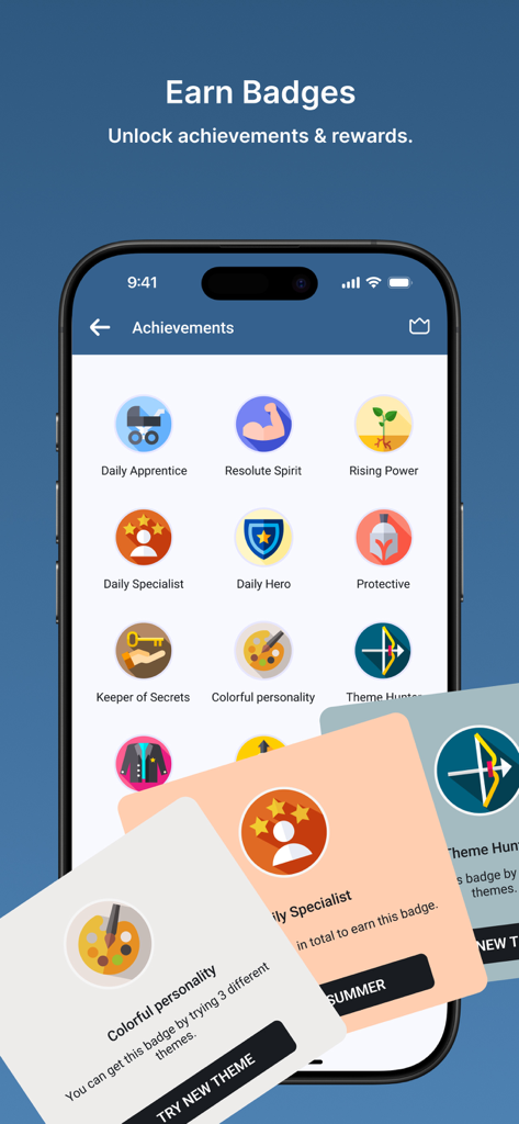A mobile phone screen showing various colorful achievement badges and rewards in the Daynote app.