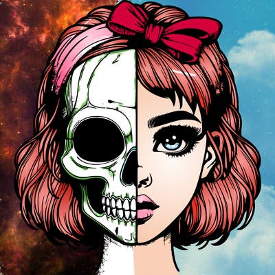 realistic girl with half skull mask