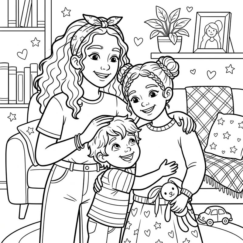 Capture the joy of brotherhood and sisterhood with this delightful sibling family portrait. This charming coloring page perfectly illustrates the special bond shared between children in a loving home.