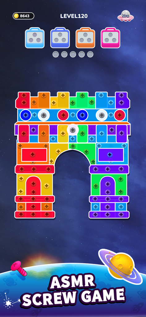 Screw Master: Color Nuts Jam - ASMR screw puzzle game level featuring colorful nuts and bolts sorting into boxes