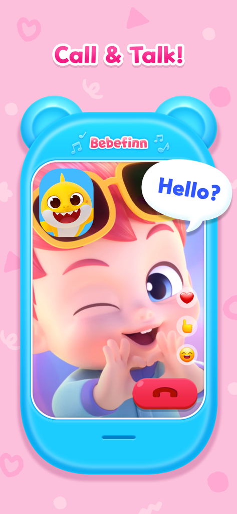 Videollamada simulada con el personaje de Bebefinn con emojis de reacción y un icono de Baby Shark.
