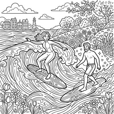 Dive into the refreshing spirit of spring with this exciting coloring page featuring longboard surfers gracefully riding ocean waves. Experience the joy of coastal living and blooming landscapes as you bring this vibrant scene to life with your colors.