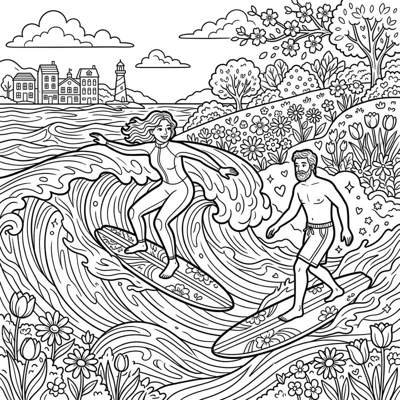 Dive into the refreshing spirit of spring with this exciting coloring page featuring longboard surfers gracefully riding ocean waves. Experience the joy of coastal living and blooming landscapes as you bring this vibrant scene to life with your colors.