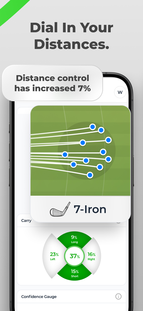 GolfTrak: Phone Launch Monitor - GolfTrak app interface showing shot dispersion and accuracy statistics for a 7-iron on an iPhone.