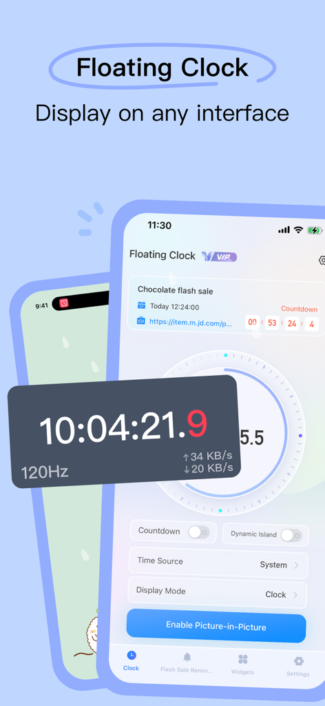 Floating Clock app interface with a millisecond precision timer and network speed monitoring overlay for flash sales