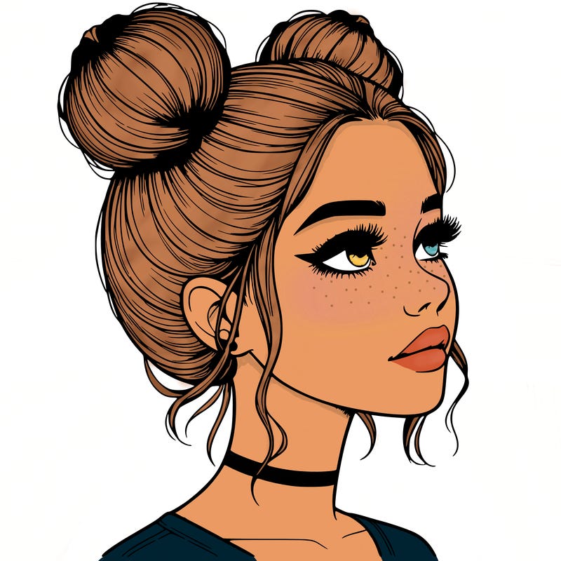 realistic girl with buns on the top of her head