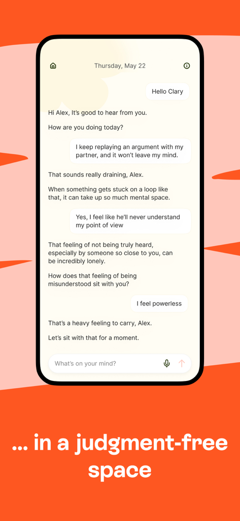 Captura de tela do aplicativo Hey Clary mostrando uma interface de chat com um companheiro de IA fornecendo suporte emocional em um espaço sem julgamentos.