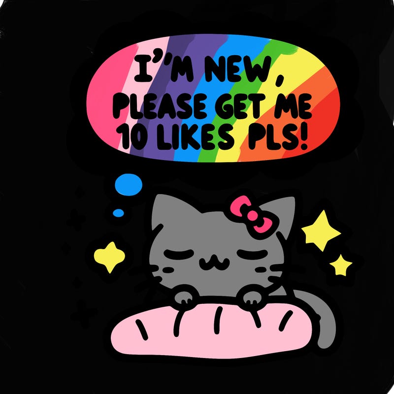 kitty taking a nap dream talking and saying "i'm new, please get me at least 10 likes pls!!"