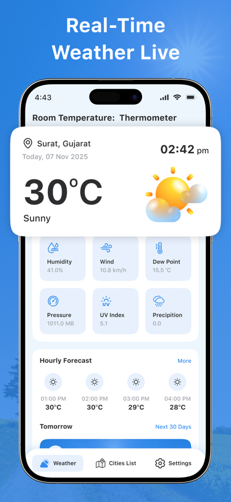 Room Temperature Check 앱 대시보드에 실시간 날씨 조건 및 온도 표시