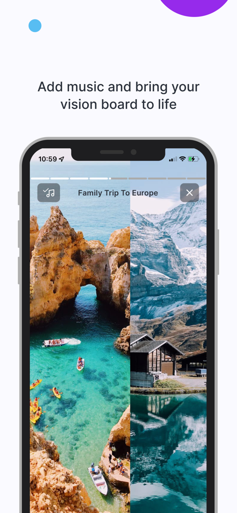 Visbo Dream Vision Board Maker - Visbo app showing a visual manifestation reel with music for a family trip to Europe