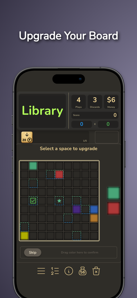 Prosaic - Roguelike Word Game - Prosaicローグライク言葉ゲームの戦略的ボードアップグレード画面。色付きタイルとライブラリの統計が表示されています。