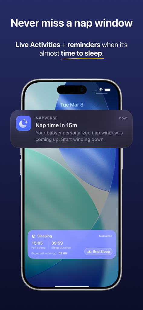 iPhone lock screen showing Napverse nap time notification and live activity sleep tracker