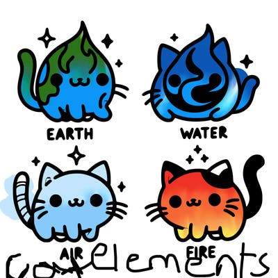 4 cats that represent the different elements, earth, water, air, and fire