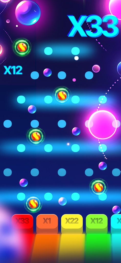 A vibrant arcade game screen from Ball Unifying Dodger showing neon balls and score multipliers on a dark background