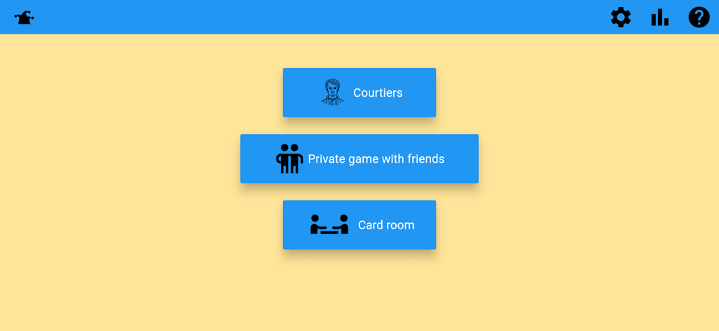 Machiavelli Card Game - Main menu of the Machiavelli card game app featuring options for courtiers and private games.