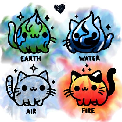4 cats that represent the different elements, earth, water, air, and fire