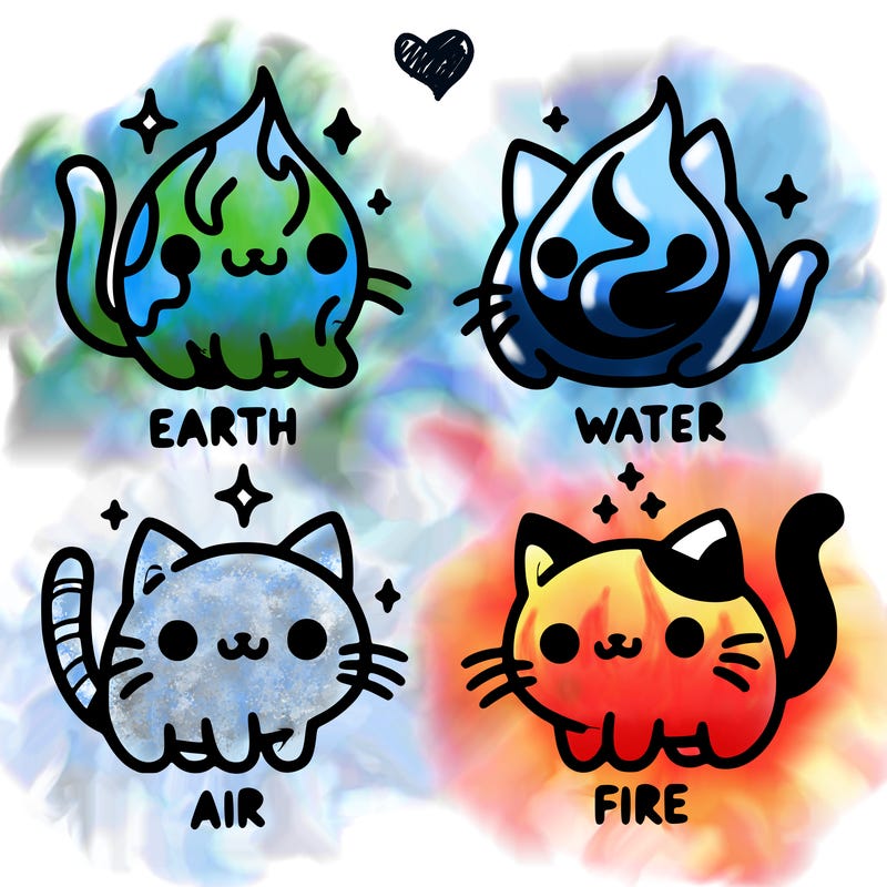4 cats that represent the different elements, earth, water, air, and fire