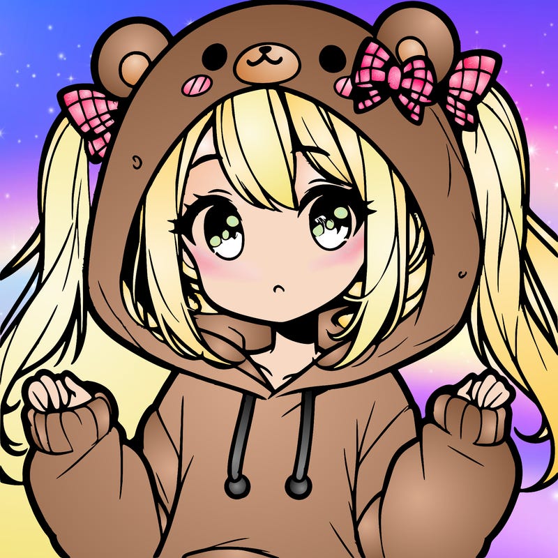 cute anime girl with ponytails and a cute bear hoodie