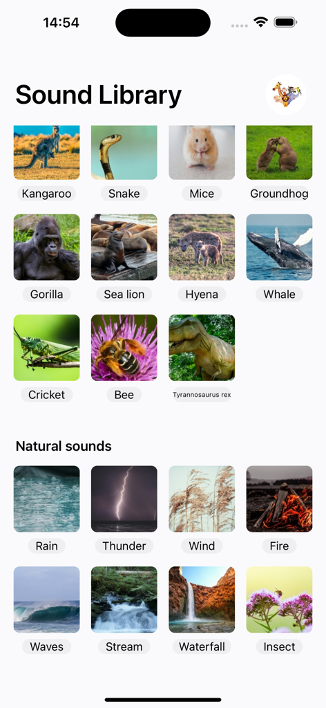 SoundHub - No Ads - Interface of the SoundHub app showing a grid of animal and natural sound categories with realistic photos