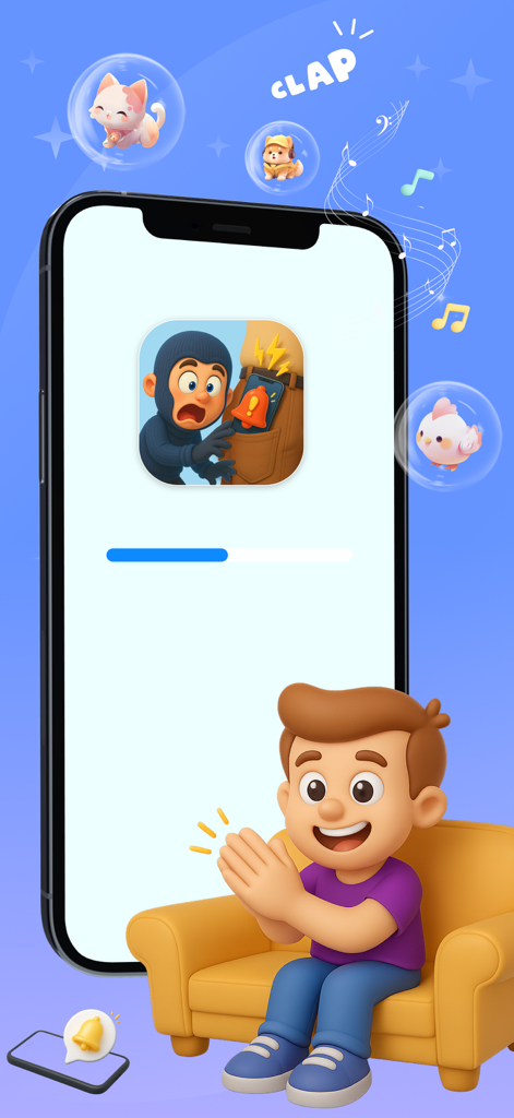 A man sitting on a sofa clapping his hands to find his phone using the Amor AntiTheft app