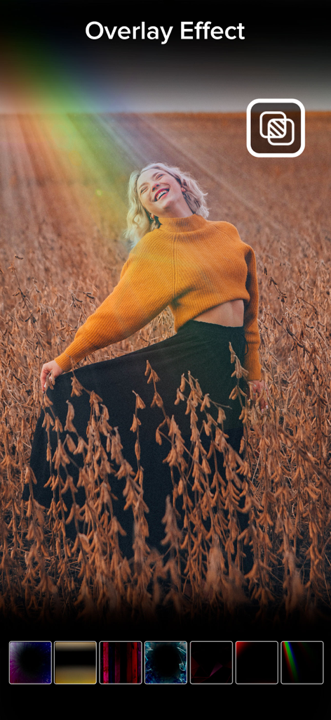 Video Slow Fast Speed Editor - Screenshot of the Video Slow Fast Speed Editor app showing a rainbow light overlay effect on a video of a woman in a field.