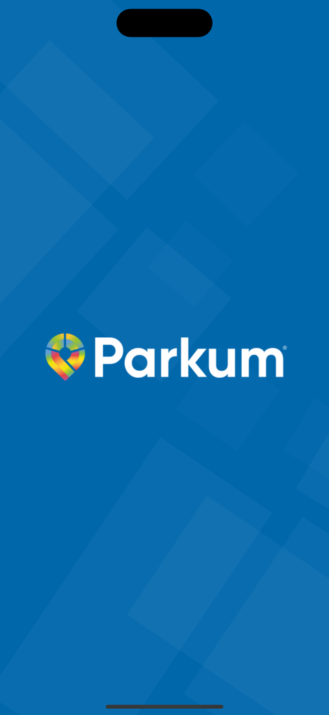 Pantalla de inicio de la aplicación de estacionamiento Parkum con el logo y fondo geométrico azul