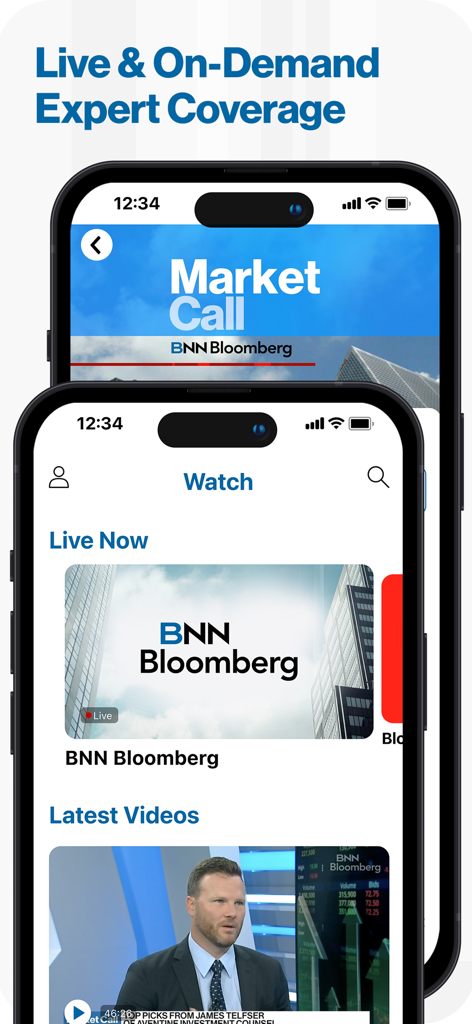 BNN Bloomberg app displaying live and on-demand financial expert coverage on two iPhones.
