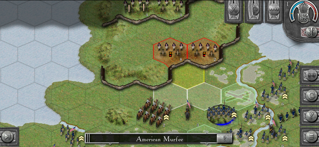 Rebels and Redcoats Gold - A tactical hex-based gameplay map showing American Revolutionary War infantry and cavalry units in Rebels and Redcoats Gold