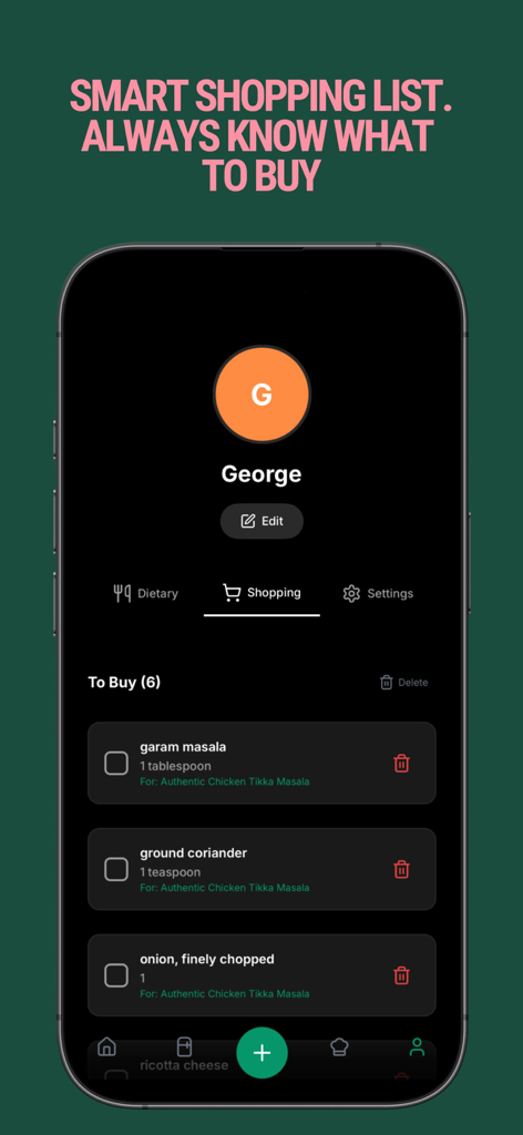 Crumb: Kitchen Recipes & Meals - A mobile interface of the Crumb app displaying a smart shopping list with ingredients for specific recipes