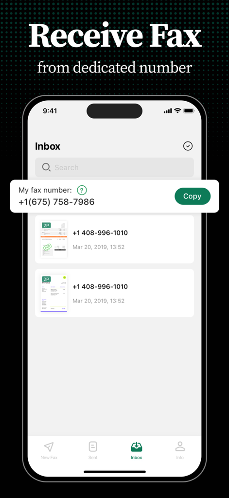 Tiny Fax: Send Fax From iPhone - Tiny Fax mobile app interface showing the inbox with received faxes and a dedicated fax number.