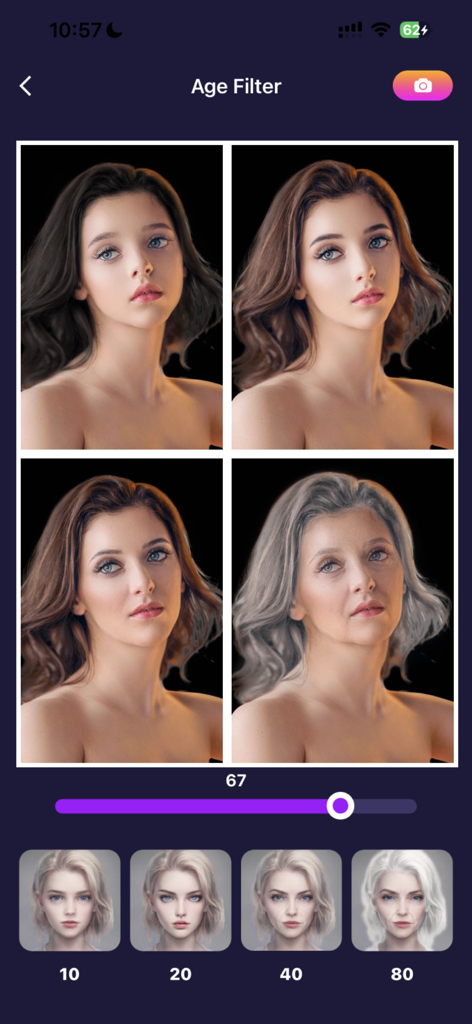 AI年齢フィルターインターフェース。若年期から80歳までの様々な段階の女性を表示