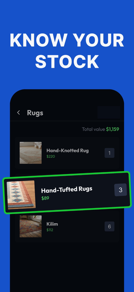 Interfaz de la aplicación móvil que muestra una lista de inventario de alfombras con cantidades y valor total del stock