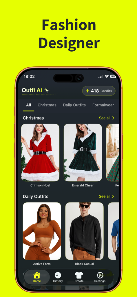AI Clothes Changer: Outfi AI - 다양한 패션 카테고리와 다양한 행사를 위한 AI 생성 의상을 보여주는 Outfi AI 앱의 스크린샷