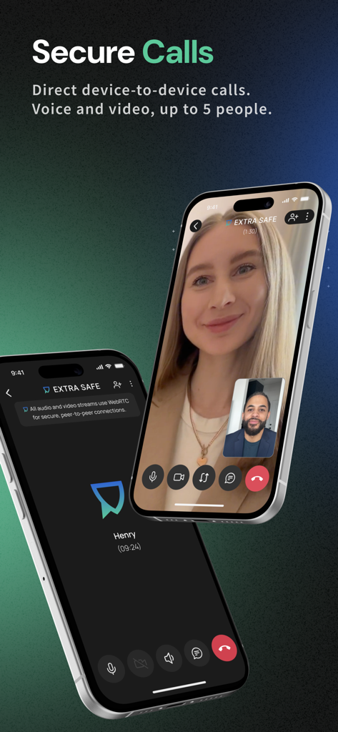 Dois iPhones mostrando a interface de chamada de vídeo peer-to-peer segura do aplicativo Extra Safe