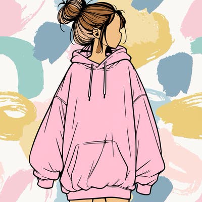 realistic girl with a oversized sweatshirt on and a bun