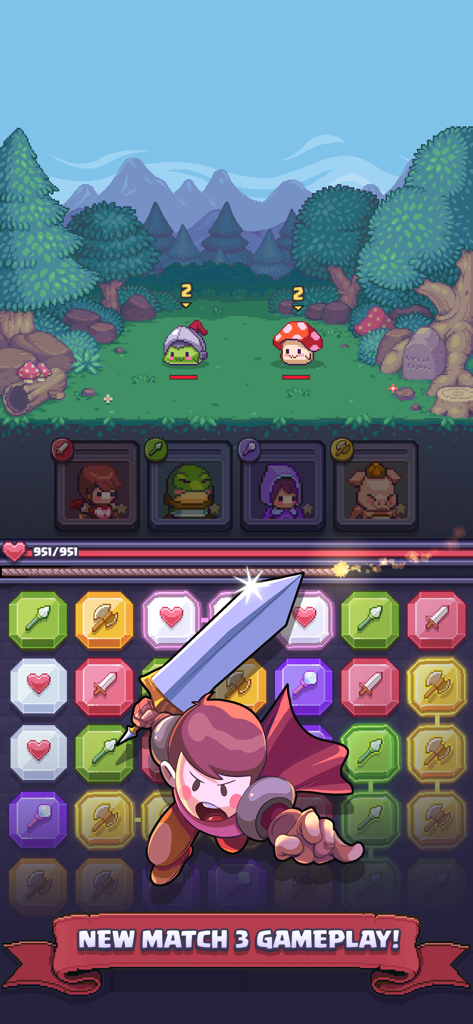 Match Land: Puzzle RPG - Action oriented match 3 puzzle battle in Match Land featuring retro pixel art heroes and monsters